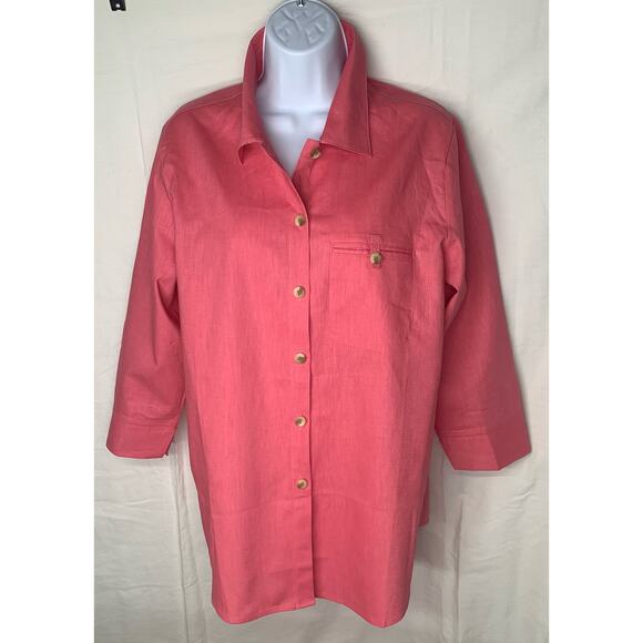 Liz Baker Blouse Size Large Shirt Women Petite Pink 3/4 Sleeve Button Up Pocket - Picture 12 of 12